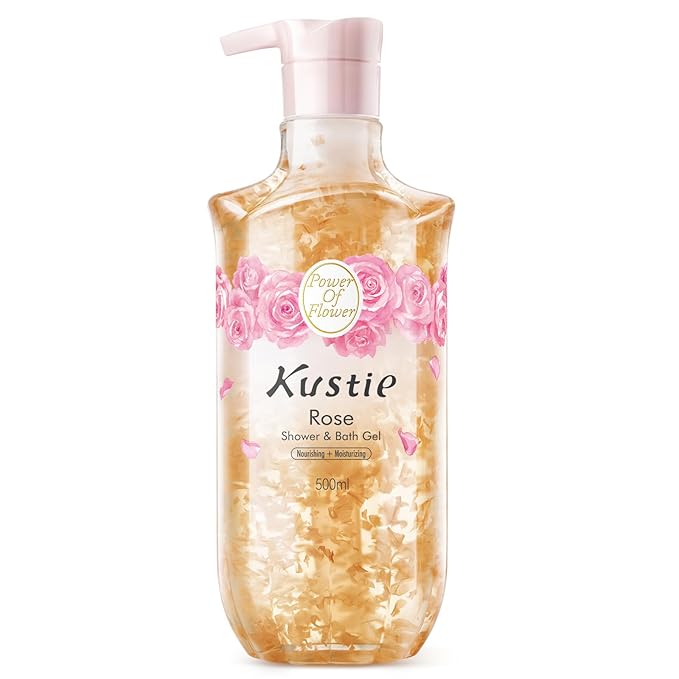 Kustie Rose Body Wash with Real Flower Petals – Moisturizing Shower Gel with Rose Water Rose Oil &amp Hyaluronic Acid Hydrating Floral Cleanser for Dry &amp Mature Skin 16.9 fl oz