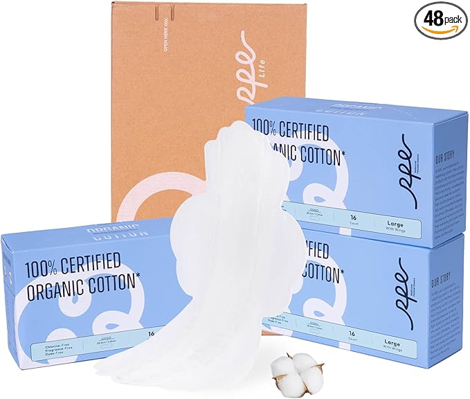 100% Large Organic Pads for Women Ultra Thin Heavy Flow Sanitary Napkins with Wings Unscented Cotton Pads Super Absorbency Feminine Extra Coverage Menstrual Period Pad (Large Size 4 48ct)
