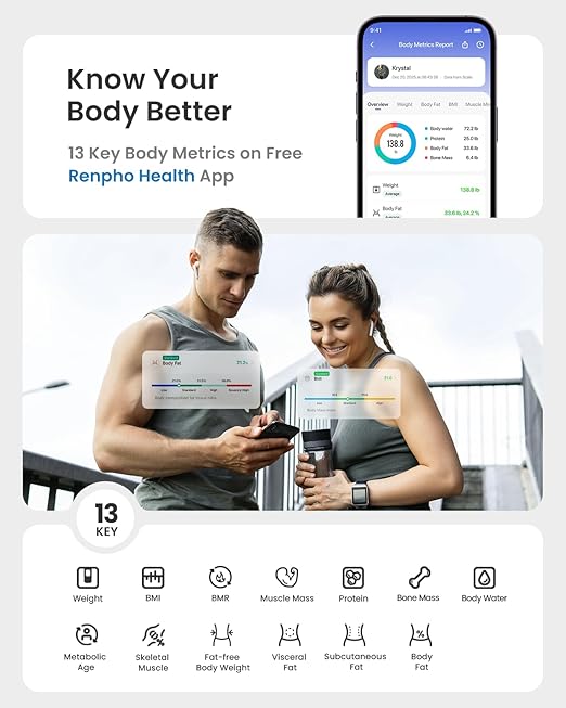 RENPHO Scale for Body Weight Smart Scale with BMI Body Fat Muscle Mass Bluetooth 13 Metrics with Large Display Support App Connection Black Elis 2X
