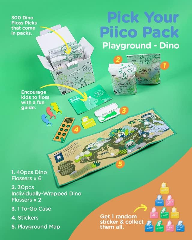 Piico Unflavored Kids Floss - No Fluoride Dual Line Dental Floss Picks - Fun Oral Care in Colorful Floss Sticks Design - Flossers Prevent Tooth Decay &amp Gum Disease - 300 Playground Dino &amp Trav