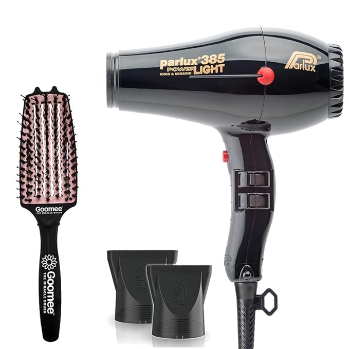 Parlux 385 Powerlight Ionic and Ceramic Black Hair Dryer with Miracle Detangling Brush Medium Size Nylon &amp Boar Bristles for All Hair Types – Blush Pink