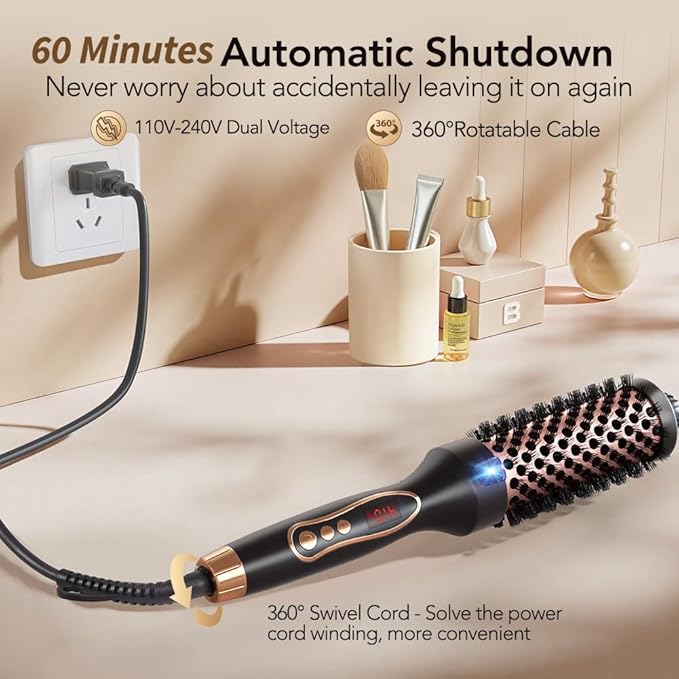 Thermal Brush 1.5 Inch Curling Iron Heated Round Brush Styler Hair Straightener &amp Curler &amp Volumizer 3 in 1 Negative Ion Dual Voltage 9 Temperature Control with LED Display (Inky)