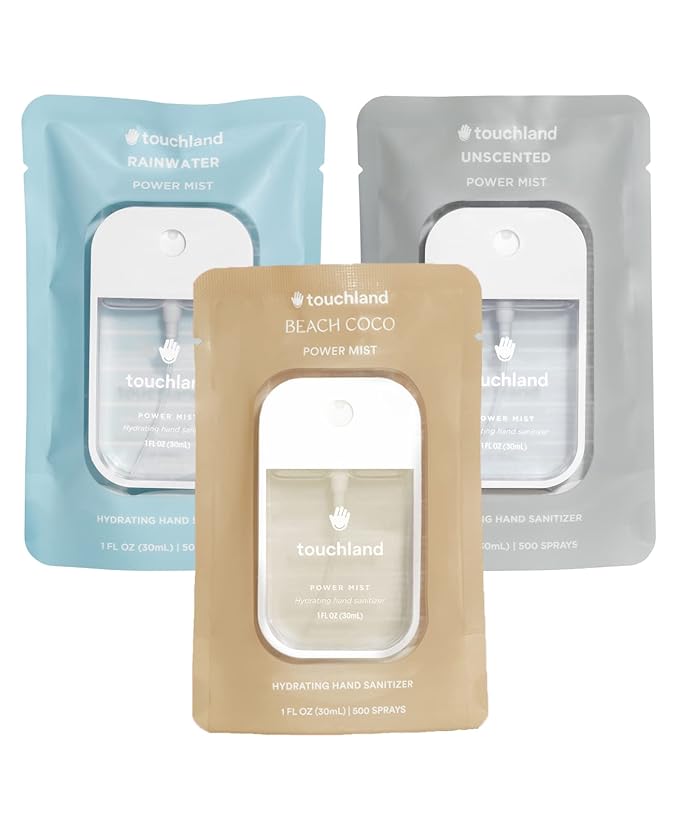 Touchland Hydrating Hand Sanitizer Spray – Dye Free Trio Set (Rainwater Unscented Beach Coco) – 3 x 1 FL OZ Mini Travel Size Mists
