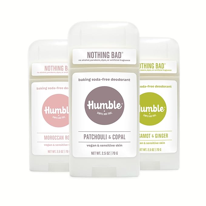 HUMBLE BRANDS Aluminum-Free Deodorant Vegan and Cruelty- free Formulated for Sensitive Skin Patchouli Copal Bergamot Ginger Moroccan Rose 2.5 Ounce (Pack of 3)