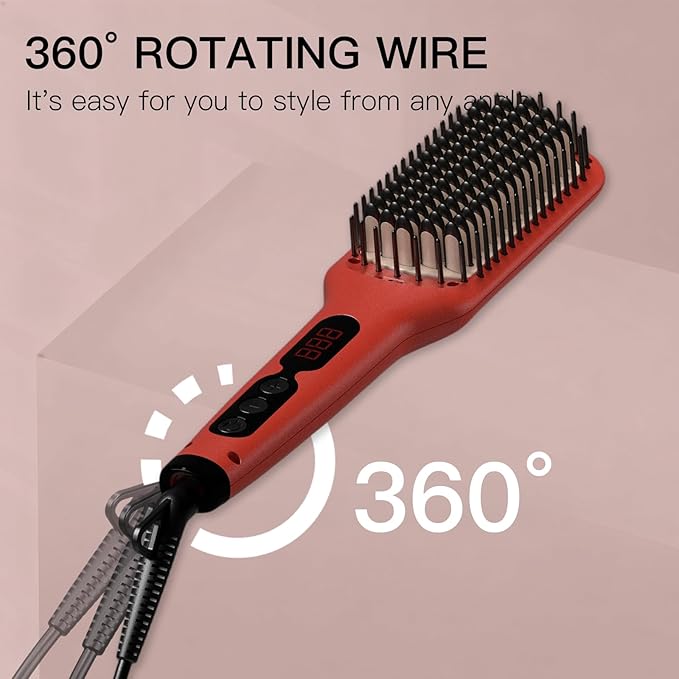 Megawise Pro Ceramic Ionic Hair Straightener Brush – Fast 20s Heating Auto-Off Anti-Scald Dual Voltage Rotatable Power Cord – Home Salon Styling (Tomato Red)