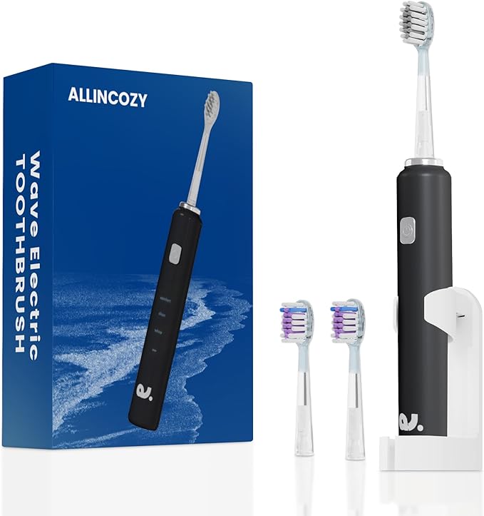 New Wave Oscillating Electric Toothbrush Vibrating Wave Oral Brush IPX7 Waterproof Type-C Gifts for Adults and Kids Includes 3 Brush Heads and Wall Mount Bracket Black