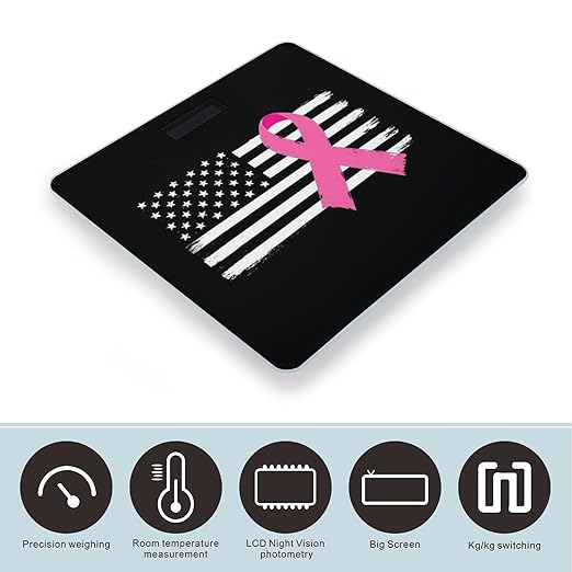 Women's Digital Bathroom Weighing Scale Automatic Switch Energy Saving Scale Smart Scale for Body Weight Breast Cancer Awareness Pink Ribbon American Flag
