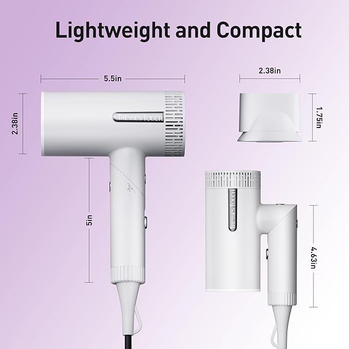 Hair Dryer High-Speed Ionic Blow Dryer Powerful 1600 Watt Motor for Fast Drying and Straight &amp Wavy Hair Foldable Lightweight Hairdryer with Magnetic Suction Nozzle for Home Salon Travel