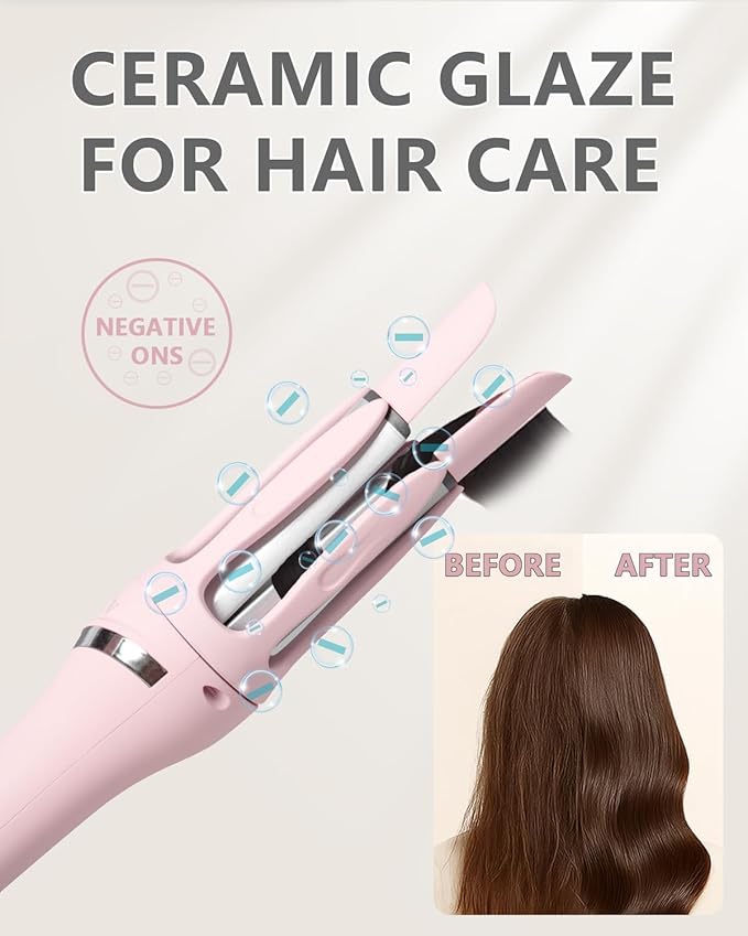Rotating Curling Iron1 Inch Automatic Hair Curler for Beach WavesAutomatic Curling Iron and Hair Straightener 2 in 1Curling Wand with Dual VoltageAnti-ScaldPink