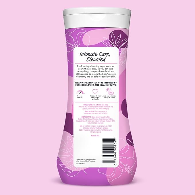 Summer’s Eve Feminine Wash Island Splash Daily pH-Balanced Body Wash for Women Feminine Care to Remove Vaginal Odor Gynecologist Tested 15 Fl Oz Pack of 12
