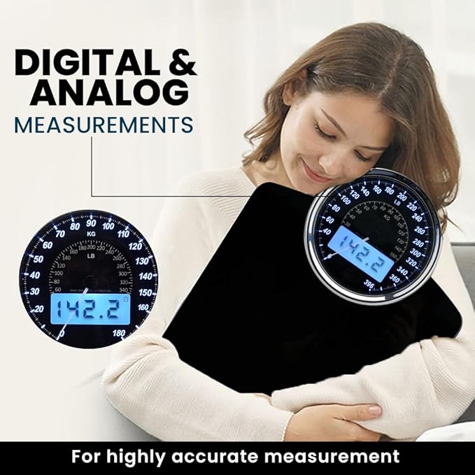 EILISON Highly Advance 2-in-1 Digital &amp Analog Weighing Scale for Body Weight-400lbs 4 High Precison GX Sensor Accurate Thick Tempered Glass Extra Large Display (Black)