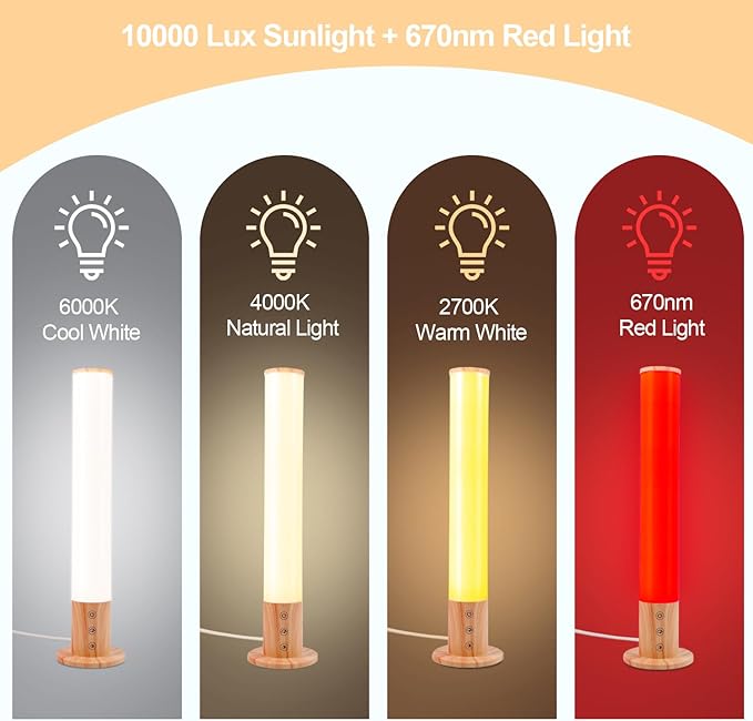 Light Therapy Lamp - 10000 Lux Full Spectrum Sun Lamp 3 Color Temperatures &amp 670nm Red Light Touch/Remote Control Stepless Dimming USB Charging GlowPillar Sunlight Lamp for Home Office