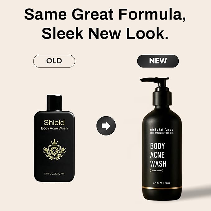 Shield Body Acne Wash for Back Chest &amp Shoulders - Men's 10% Benzoyl Peroxide Body Wash Clears Breakouts &amp Acne Scars – Unscented with Niacinamide Glycolic Acid &amp Ceramides 8.5 oz