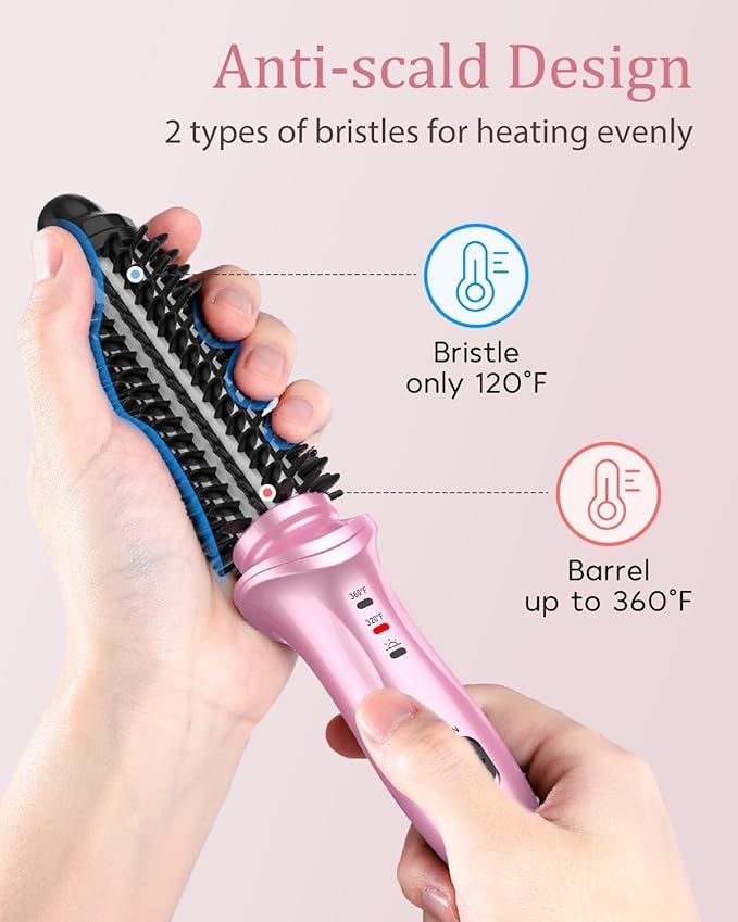 Curling Iron Brush for Short Long Hair Hair Curling Brush Long Barrel Tourmaline Ceramic Dual Voltage Curling Brush Iron with Anti-Scald Bristles (Purple)