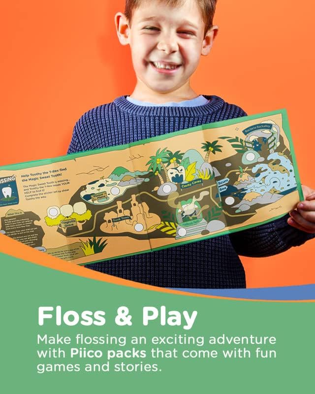 Piico Unflavored Kids Floss - No Fluoride Dual Line Dental Floss Picks - Fun Oral Care in Colorful Floss Sticks Design - Flossers Prevent Tooth Decay &amp Gum Disease - 300 Playground Dino &amp Trav