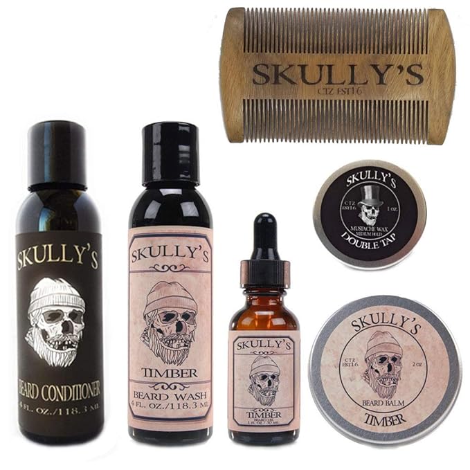 Skully's Ultimate Timber Beard Care Kit (Woodsy Warm Amber Scent) - Beard Oil Beard Balm Beard Comb Beard Conditioner Mustache Wax for Men
