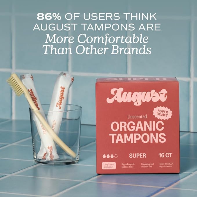 August Super Tampons - 72-Pack 100% Organic Cotton Tampons for Women and Anyone Who Menstruates Non-Toxic Fragrance-Free and Hypoallergenic with Long Applicators (3 Boxes of 24)