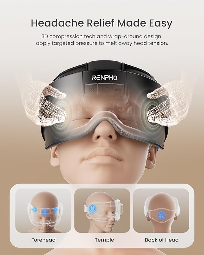 RENPHO Eyeris Masc Head &amp Eye Massager FSA Eligible HSA Birthday Gifts for Women Men Migraine Relief Headache Massager for Forehead Occiput and Temple Heated Mask Massager Scalp Stress Relax