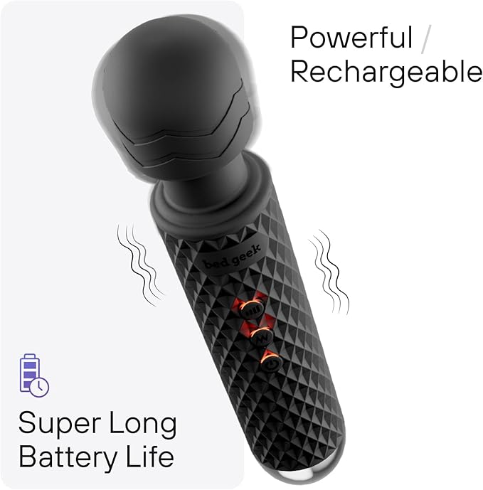 bed geek Handheld Cordless Personal Wand Massager – Waterproof USB Rechargeable 20 Vibration Patterns 8 Speeds Memory Feature Skin-Soft Silicone for Ultimate Relaxation Tool (Black)