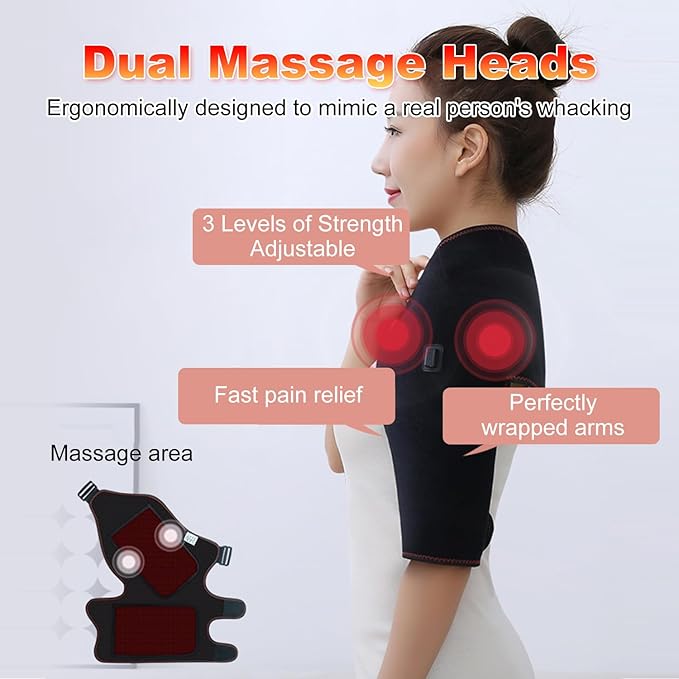 WOOLALA Heated Shoulder Brace with Massager Portable Electric Heating Pad for Shoulders Pain and Upper Arm Muscle Massage Heated Wrap for Left