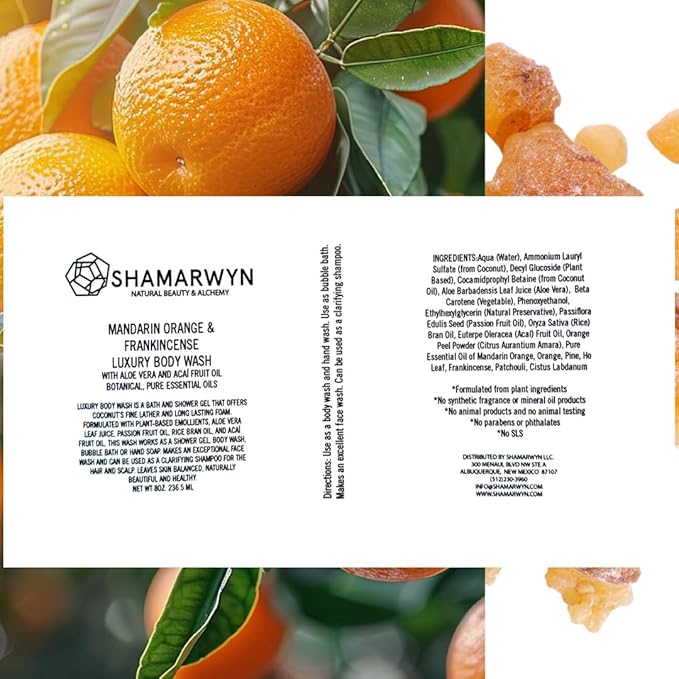 shamarwyn Body Wash Mandarin Orange &amp Frankincense Natural-Organic Hydrating with Aloe Vera &amp Acaí Fruit Oil 8oz