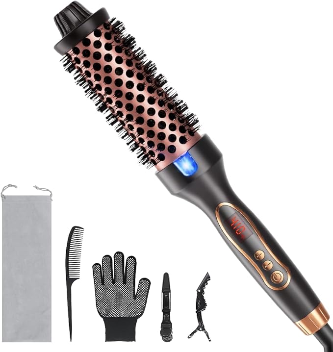 Thermal Brush 1.5 Inch Curling Iron Heated Round Brush Styler Hair Straightener &amp Curler &amp Volumizer 3 in 1 Negative Ion Dual Voltage 9 Temperature Control with LED Display (Inky)