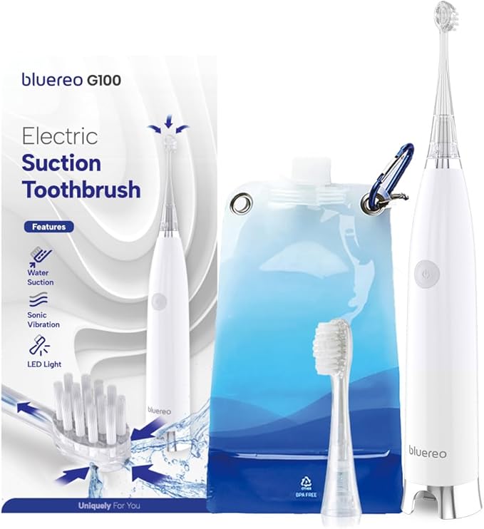 Bluereo G100 Electric Suction Toothbrush with Built-in Oral Suction Sonic Vibration LED Light Portable for Dysphagia &amp Aspiration (White)