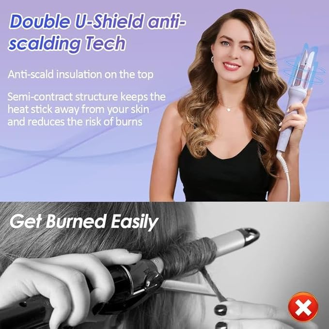 Automatic Curling Iron Professional Anti-Tangle Automatic Hair Curler with 3-Speed Temperature &amp 2 Timer Reminder Fast Heating Double Anti-Scald Ceramic Curling Wand for Curly Hair Styling (Pin