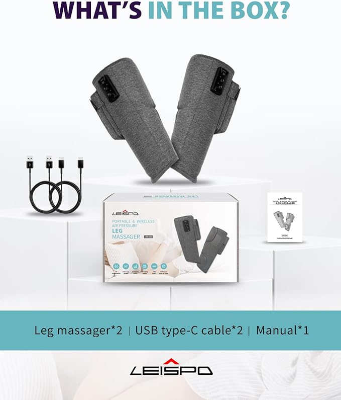 Wireless Leg Massager - Air Compression Cordless Calf Massager with Heat for Circulation Pain Relief and Recovery 4 Modes &amp 3 Intensities Portable and Adjustable (Gray Set of 2)
