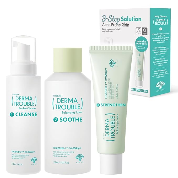 Derma Trouble Balancing AC 3 Step Kit - Korean Skincare Set for Acne Prone Skin Blemishes &amp Pores - Sebum Control Cleanser Toner &amp Cream for Oily Sensitive Skin Redness &amp Bumpy Texture