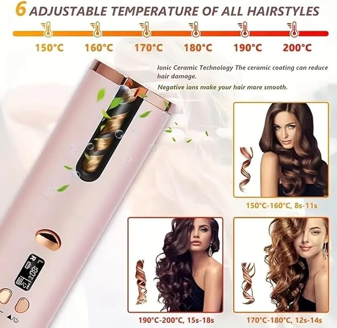 Automatic Curling Iron Hair Curling Iron for Hair Styling Cordless Auto Hair Curler with 6 Temps and Timers Auto Shut-Off Fast Heating Rechargeable Cordless Hair Curler 1 (Gray)