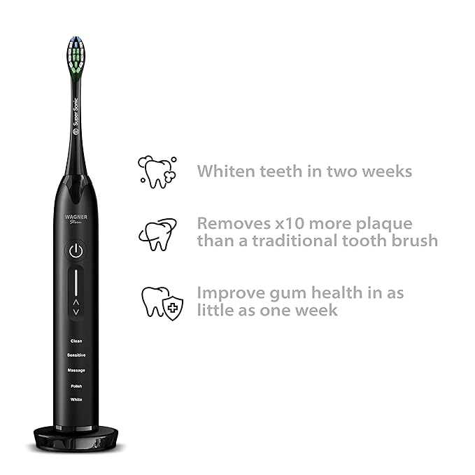 Wagner Stern Ultrasonic whitening Toothbrush with Pressure Sensor. 5 Brushing Modes and 4 Levels of Intensity 8 Soft bristles Travel case.