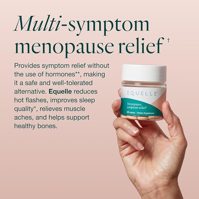 EQUELLE Multi-Symptom Perimenopause &amp Menopause Relief Relief from Hot Flashes Muscle Aches &amp Supports More Sleep. Hormone-Free Plant-Based S-Equol – 2 Month Supply (120 Tablets)