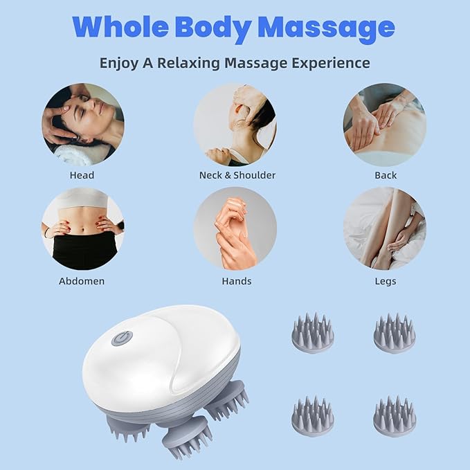 Upgraded Electric Scalp Massager for Men Women Handheld Cat Dog Pet Head Massager with 4 Massage Heads 3 Speeds Waterproof Massager for Soothing Muscles Joints Hair Growth Stress Relax