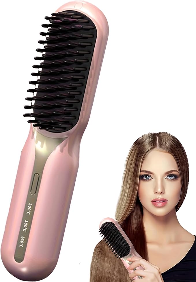 Cordless Hair Straightener and Curler 2-in-1 Plasma Technique Portable Ceramic Hair Straightening Brush 3 Temp Settings Fast Heating Mini Straightening Brush Travel/Business Gift for Women