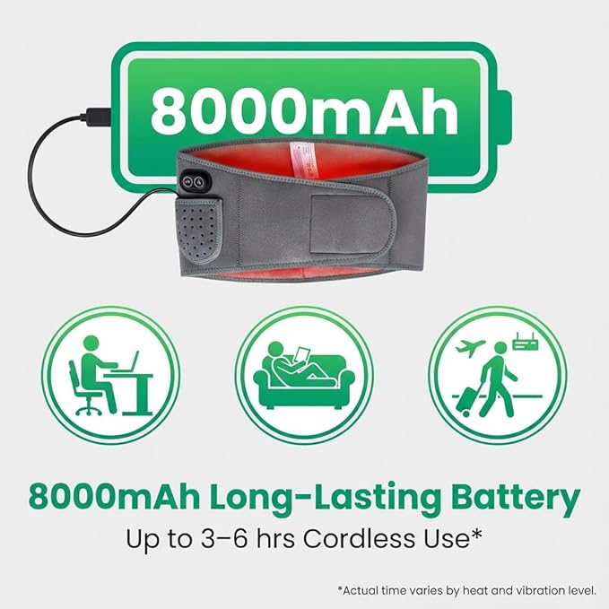 Wireless Heating Waist Belt with 8000mAh Battery 3 Vibration Modes &amp 3 Heat Levels Cordless Back Massager with Extension Strap for Lower Back Cramps Lumbar Support Office &amp Travel Use