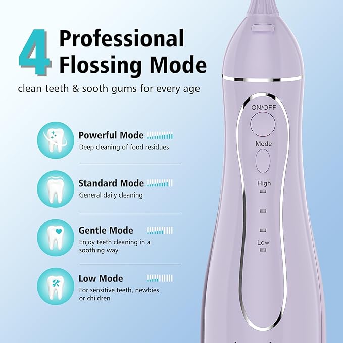 Leominor Water Dental Flosser Pick for Teeth 300ML Portable Oral Irrigator Upgraded Tank RemovableIPX7 Waterproof Rechargeable Travel Teeth Cleaner Professional Electric Flossing Machine(T-Purple)