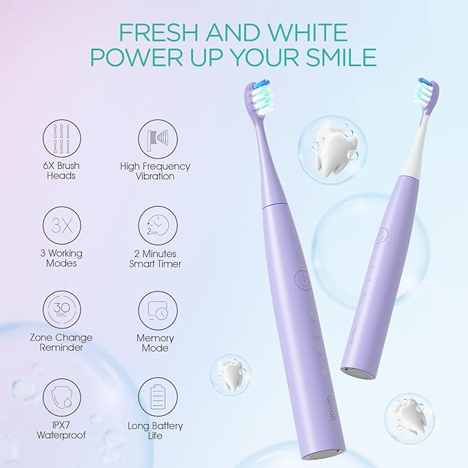 VOYOR-HEALTH Sonic Electric Toothbrush for AdultsTooth Brushes with 6 Brush Heads70-Day Battery LifeIPX7 Waterproof Rechargeable Travel Toothbrushes with 3 Modes for Family Use ET110(Purple)