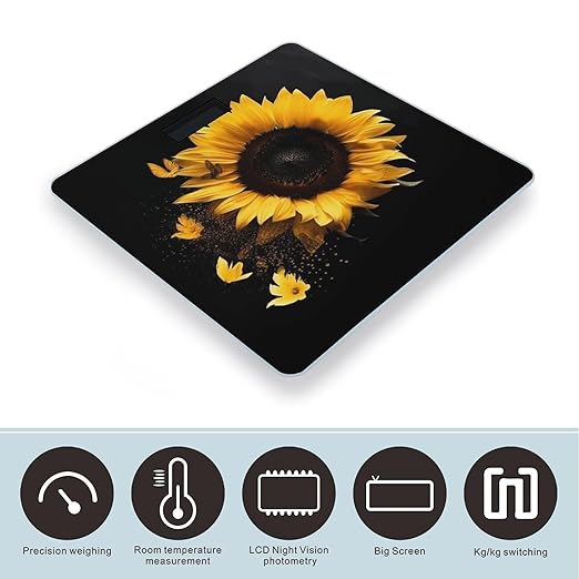Sunflower on Black Background Scale for Body Weight Anti-Slip Digital Bathroom Scale Sturdy Toughened Glass Weighing Scales High Precision Safe Rounded Corners Smart Scales