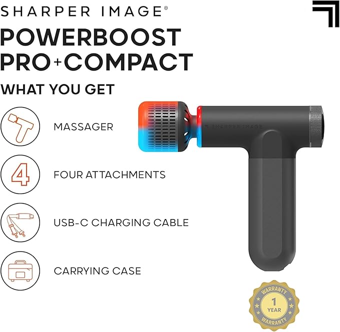 Sharper Image Powerboost Hot + Cold Massage Gun Bundle - Deep Tissue Percussion Massagers with Heat/Cool Therapy Multiple Attachments &amp Speeds Quiet Ergonomic Design Muscle Relief Workout Recov