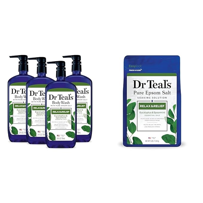 Dr Teal's Body Wash with Pure Epsom Salt Relax &amp Relief with Eucalyptus &amp Spearmint 24 fl oz (Pack of 4) (Packaging May Vary) &amp Pure Epsom Salt Soak Relax &amp Relief with Eucalyptus &