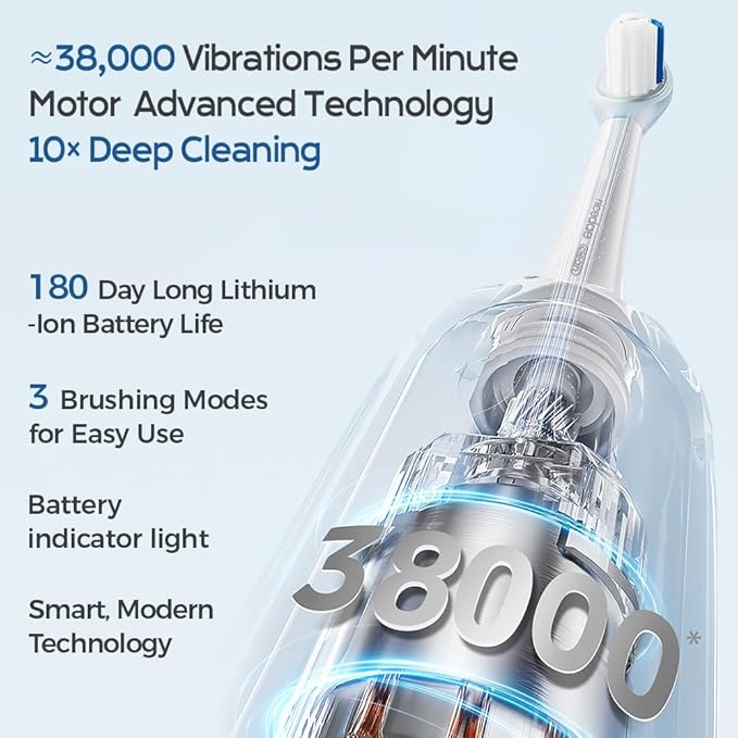 UltraSonic Pro Whitening Toothbrush – 37200/Min Vibrations 180-Day Battery 2 Brush Heads &amp Travel-Friendly – Dentist-Recommended Deep Clean