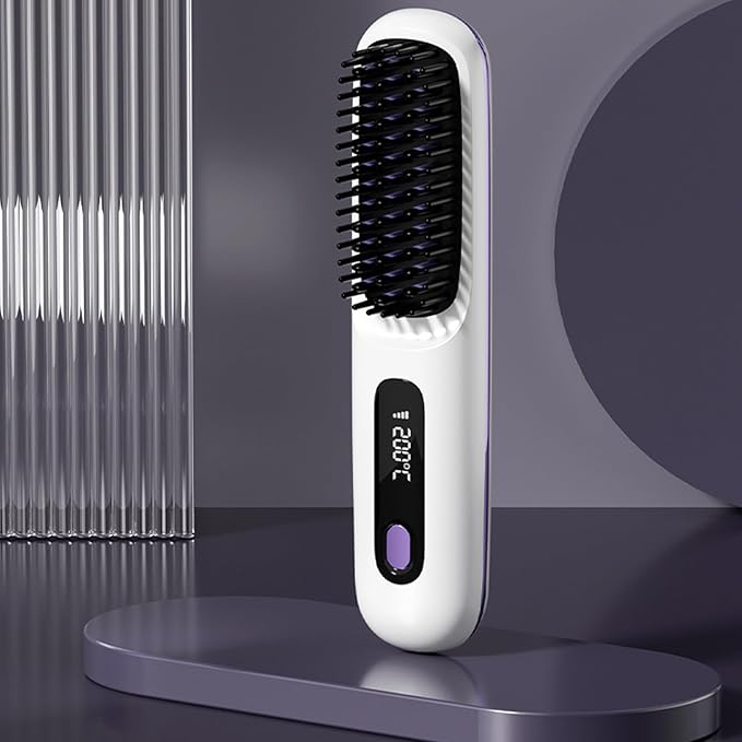 Cordless Ceramic Heated Electric Wireless Hair StraightenerPortable LCD Hair Straightening CombUSB Rechargeable Negative Ion Hot Comb Hair BrushWhite