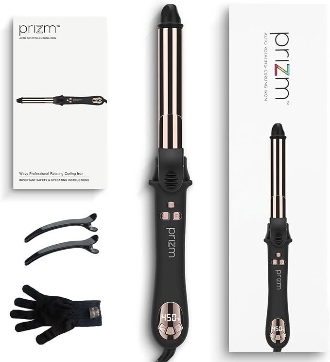 Prizm Rotating Curling Iron 1inch/25mm Automatic Hair Curler for Long Hair Self Spinning Barrel 250-450°F with LCD Display Auto-Shut Off &amp Dual Voltage Black
