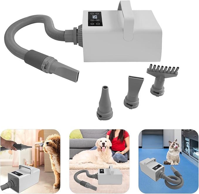 White Pet Hair Dryer 3-Heat Adjustable Dog Cat Grooming Blower Quiet 2-Speed Motor with 4 Snap-On Nozzles Lightweight Home Drying Machine for Small to Large Dogs 110 V 10 ft Hose