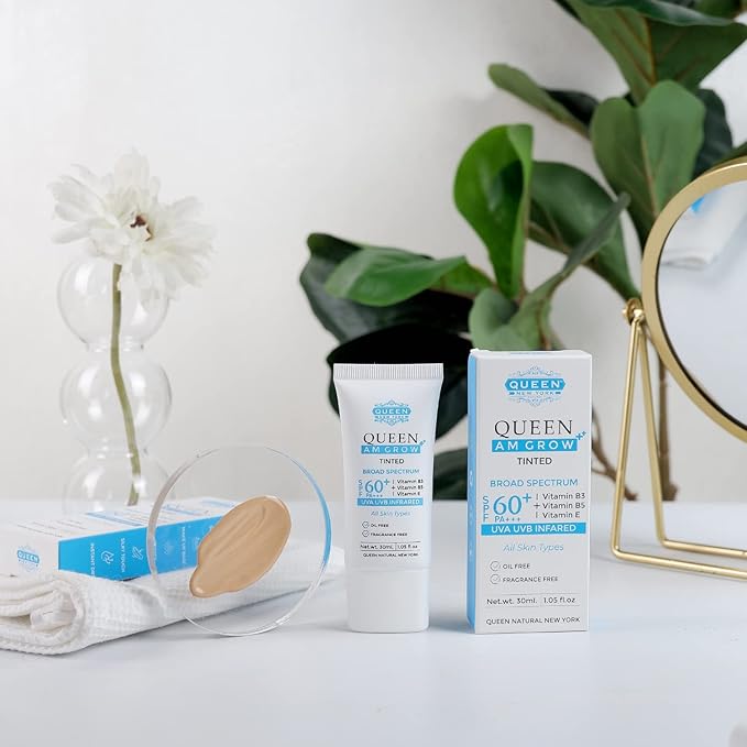 QUEEN AM GLOW | TINTED SunScreen SPF 60 PA+++Primer-Face Moisturizer- Vitamin B3 B5 E- Non-Greasy Silky Touch-oil free fragrance free by QUEEN NATURAL NEW YORK (Pack of 2)