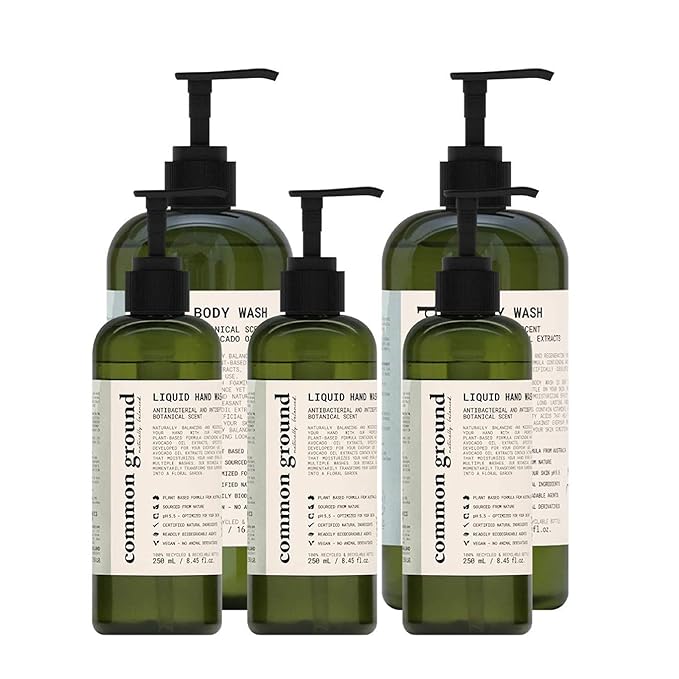COMMON GROUND Body Wash &amp 3 Hand Wash Bundle (5 Items) Paraben &amp Cruelty Free Organic Vegan Plant-Based Botanical Scent &amp Avocado Oil Extracts Men Women Sensitive All Skin Types