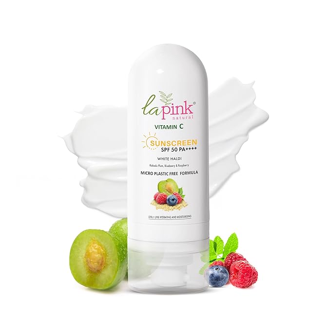 La Pink Vitamin C Sunscreen For Men and Women | SPF 50 PA++++ UVA + UVB Hydration &amp Moisturization 100% Microplastic Free Formulation | Non Greasy | Zero White Cast | 50gm