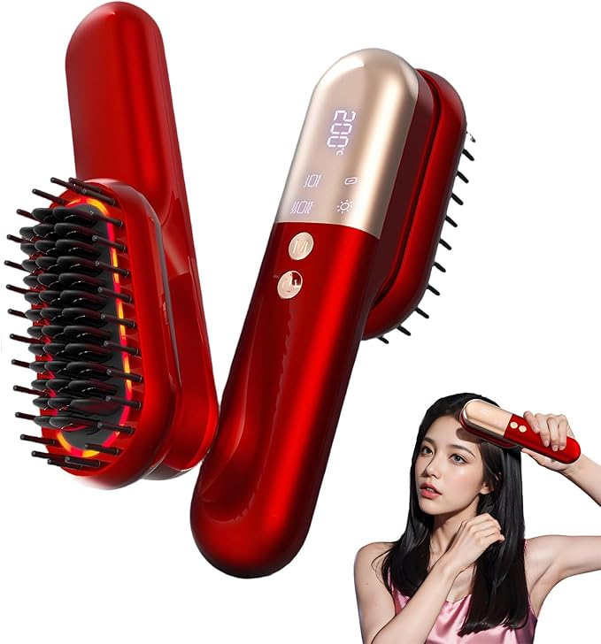 Cordless Hair Straightener Brush 3-Temp Go Brush Pro Vibration Massage Red Light Therapy Dual-Function Comb for Women Fast Heating MCH Ceramic Frizz-Free Smooth Hair Styling (Red)