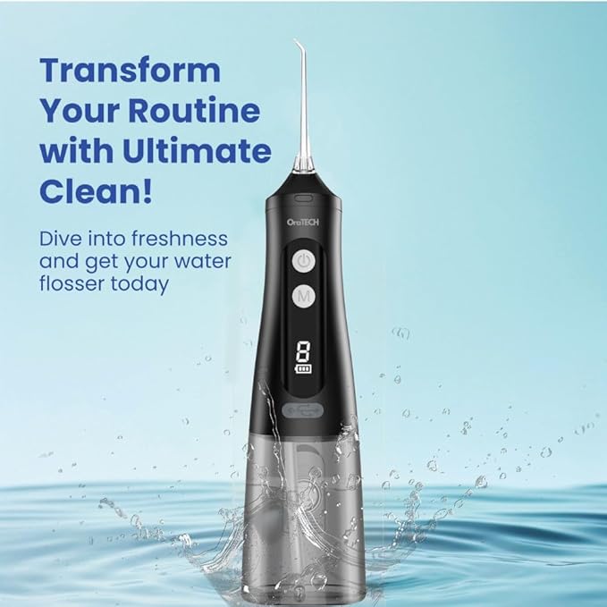 OraTECH Water Dental Flosser Portable Cordless Oral Irrigator 350ML Rechargeable Travel IPX7 Waterproof Electric Flossing for Teeth Cleaning (Black)